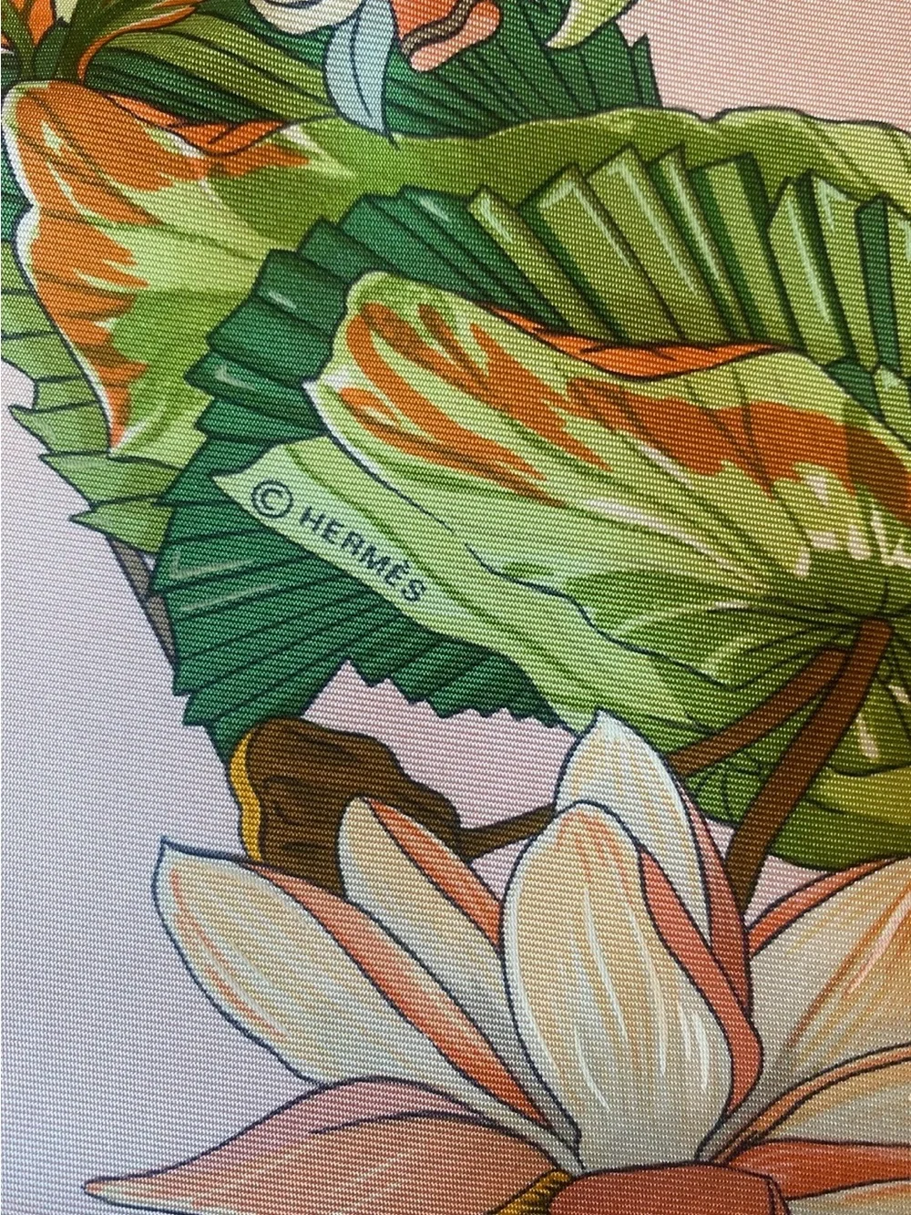 Hermes Pink and Green Silk Scarf with Lotus and River Scene - Picture 6 of 12